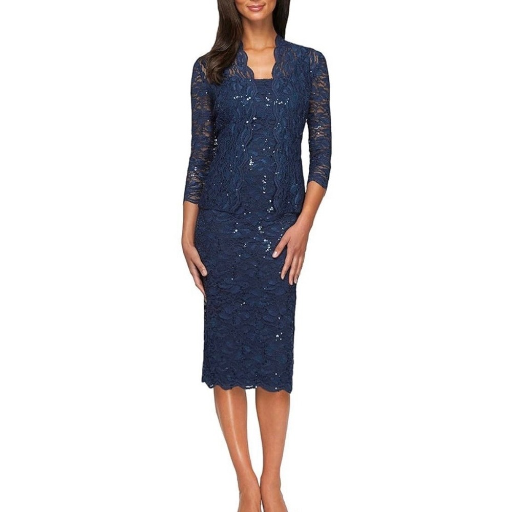 Alex Evenings Blue Sequin Lace Sleeveless Midi Dress Jacket Size 8